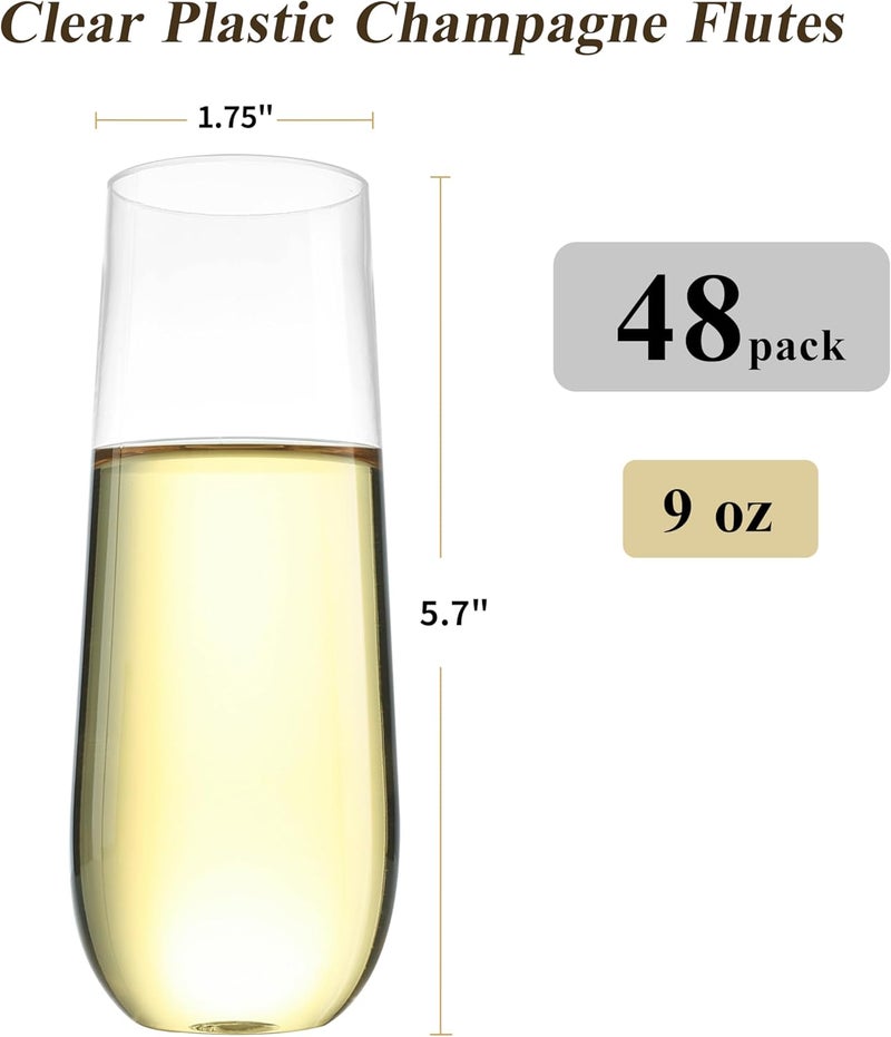 Bestluck 48 Pack 9 oz Stemless Plastic Champagne Flutes, Clear Disposable Champagne Toasting Glasses, Shatterproof and BPA-Free Drinkware for Party & Graduation & Wedding - Image 2